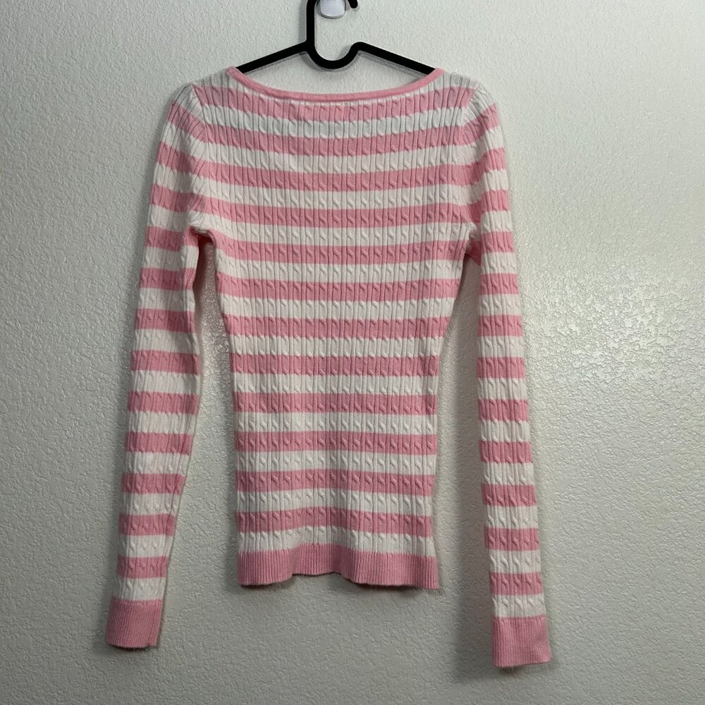 Marled Striped Cable Knit Fitted Sweater Preppy Tennis Academia - Picture 4 of 4